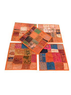 Mogul Set Of 3 Handmade Indian Cushion Covers Vintage Orange Patchwork Decorative Pillow Sham 16X16