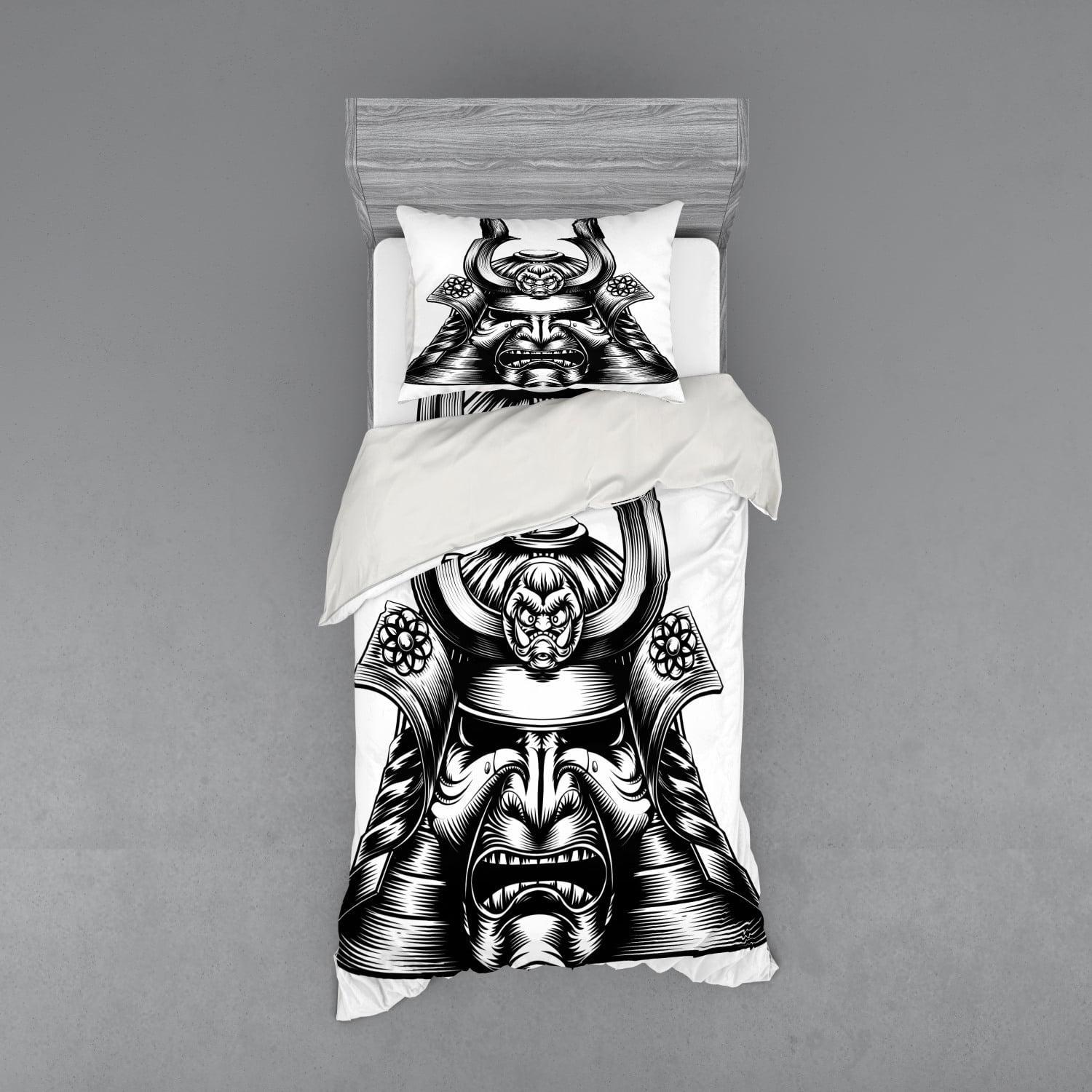 Japanese Duvet Cover Set, Vintage Style Oriental Themed Demon Samurai