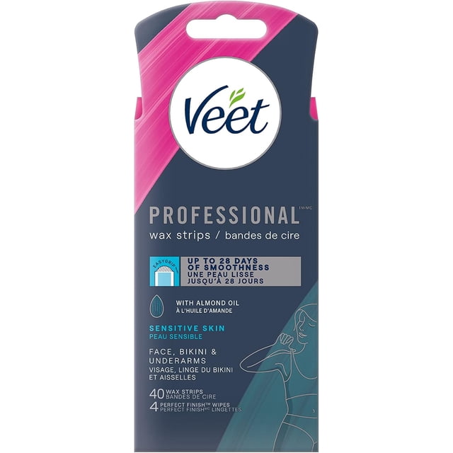 Veet® Professional™ Wax Strips for Face, Bikini, & Underarms, EasyGrip tab & Almond Oil Infused Hair Removal Wax Strips for Sensitive Skin, 40 Wax Strips + 4 Perfect Finish Wipes