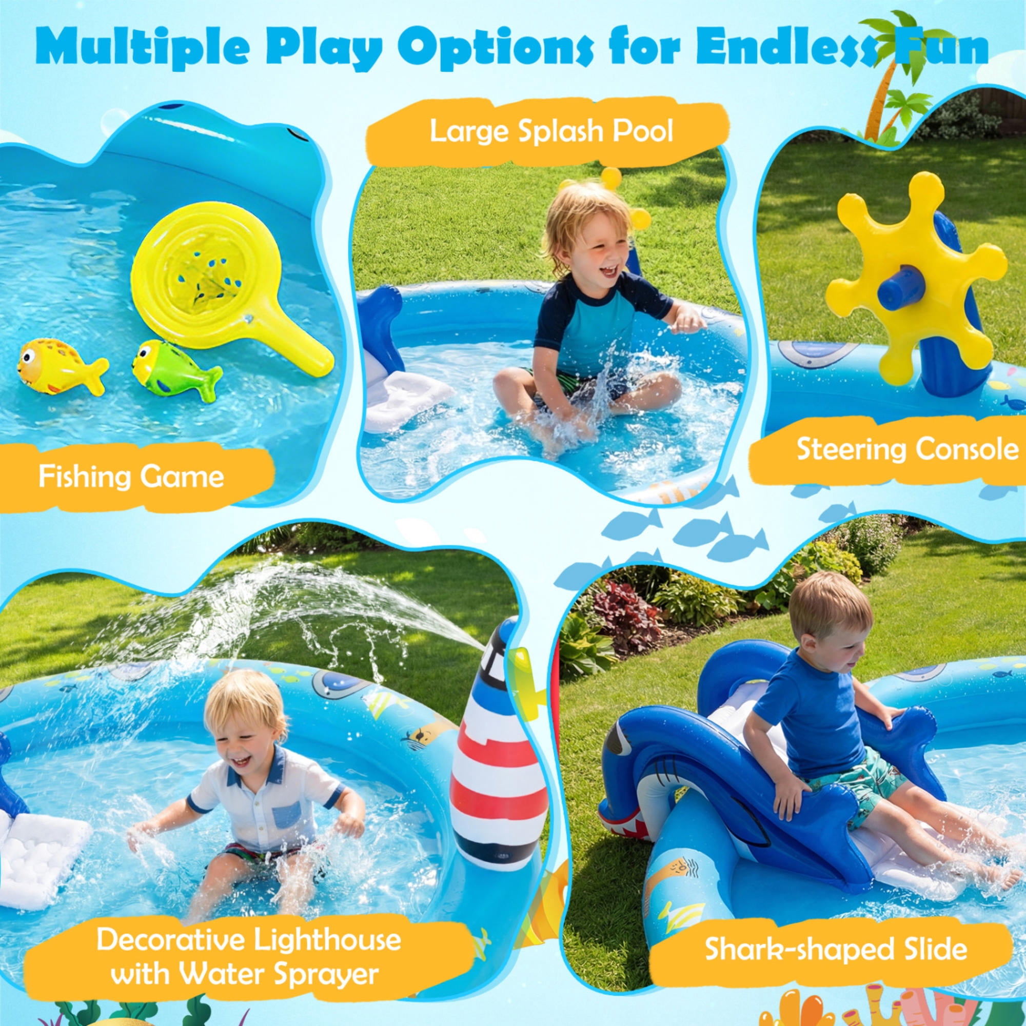 Inflatable Play Center Marine Life Spray Pool with Shark Slide, Lighthouse Sprinkler & Fishing Game, Outdoor Kids Water Play Pool for Toddlers 2-6 Years, Summer Backyard Fun