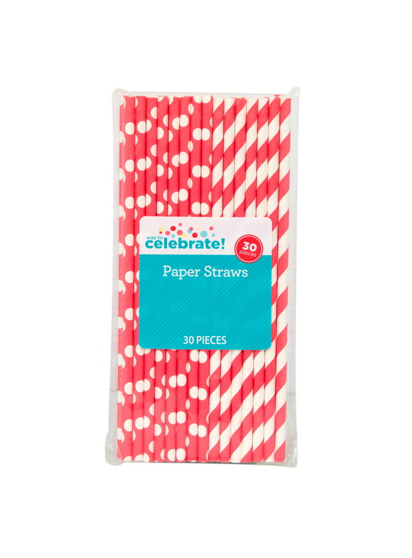 Way to Celebrate! Red Polka Dot & Striped Paper Straws, 30ct