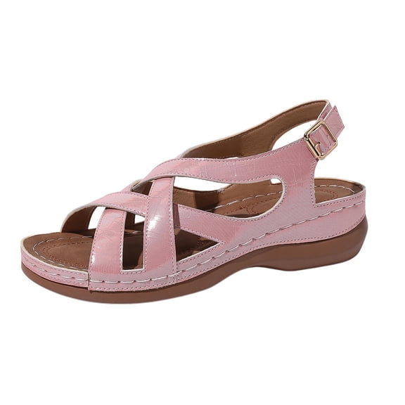 HomeDM Women's Open Toe Sandals Buckle Ankle Strap Summer Platform Wedge Walking Beach Sandals, Pink Size 7