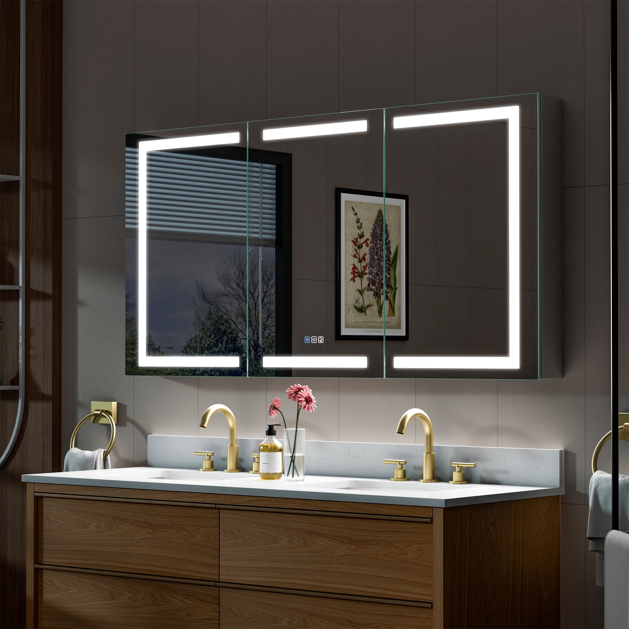 ANGELES HOME 60"x30"LED Medicine Cabinet with Lights, Medicine Cabinet with HD Mirror, Surface or Recessed, Anti-Fog, Dimmable, Memory Function, Outlets & USB, Three Opening Doors