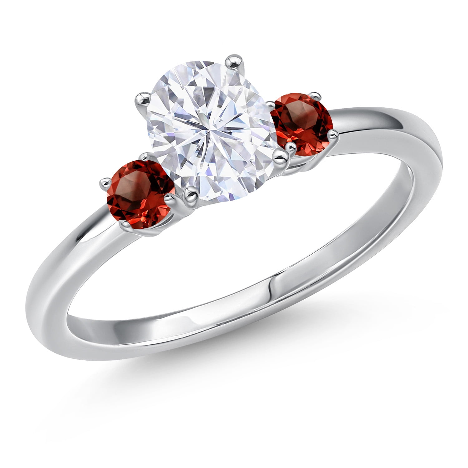 Gem Stone King 14K White Gold White Moissanite and Red Garnet Engagement Ring for Women | 1.20 Cttw | Oval 7X5MM | Gemstone Birthstone | Size 6