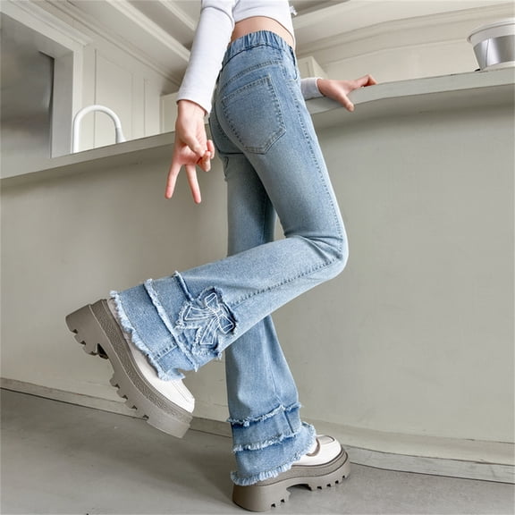 Girl Jeans Girls Bow Jeans Girls Flared Jeans High Waisted Baggy Pants Casual Preppy Clothes for Girls 9-10 Years
