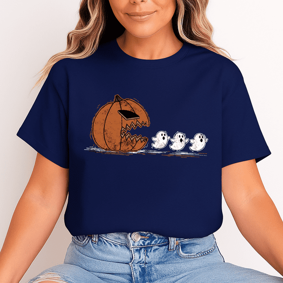 Funny Pumpkin Ghost Chase Halloween T-Shirt Unisex Casual Spooky Tee - Gift for Halloween