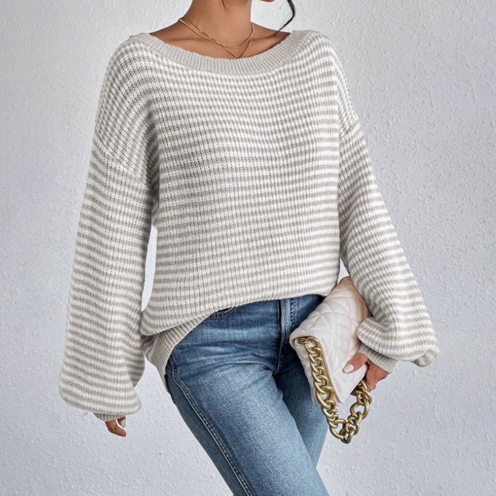 Mohiass Women's Striped Sweaters Off Shoulder Bishop Long Sleeve Pullover Tops Gray XL