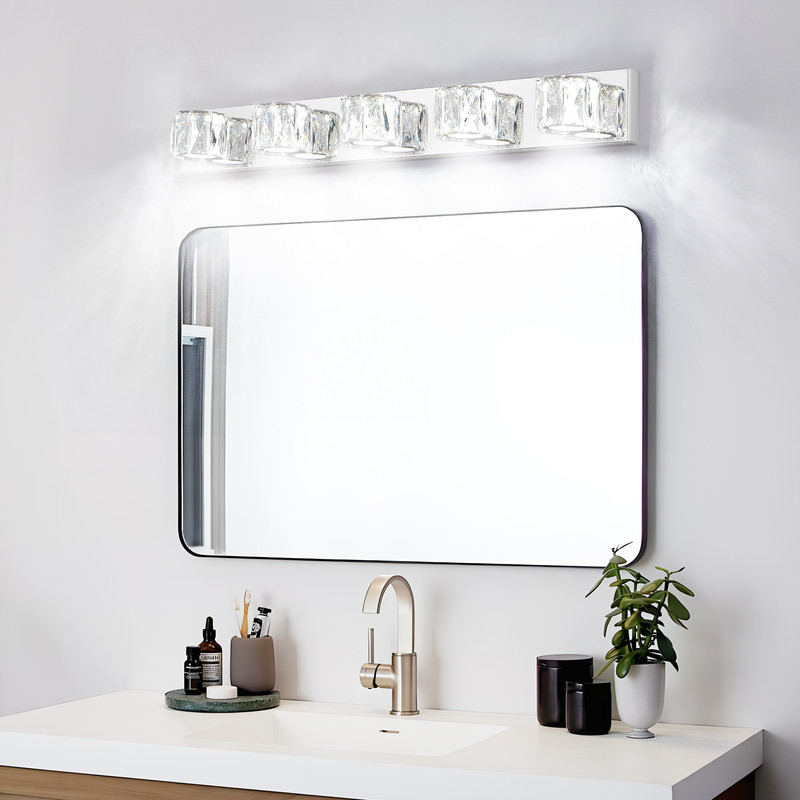 35" Modern 5-Light LED Crystal Bathroom Vanity Light, Chrome Wall Sconce with Clear Crystal Shades, Bathroom Lighting Fixtures Over Mirror for Vanity, Bedroom, Hallway