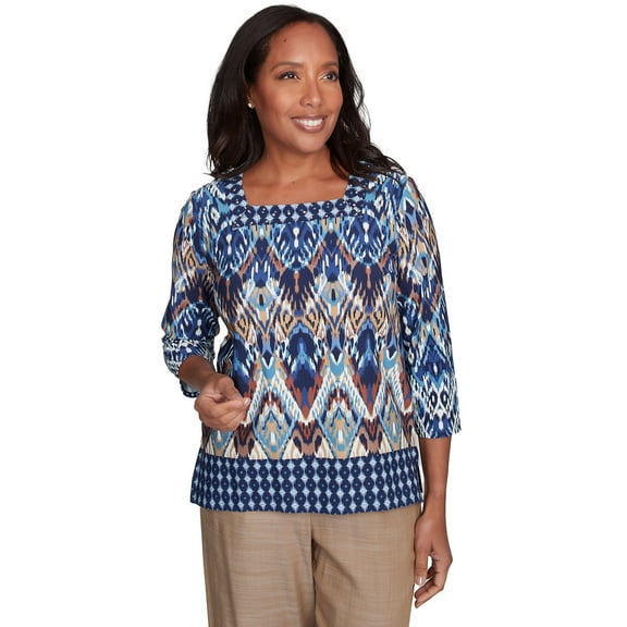 Alfred Dunner Womens Ikat Diamond Border Square Neck Top