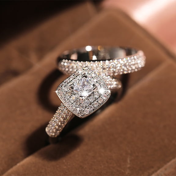 Rings Two-Piece Set for Women - Square Design Fashion Engagement Wedding Jewelry for Couple Lovers 2PCS