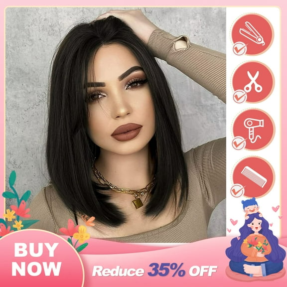 Dopi 14" Black Short Bob Wigs for Women Straight Synthetic Lace Front Wig Caps
