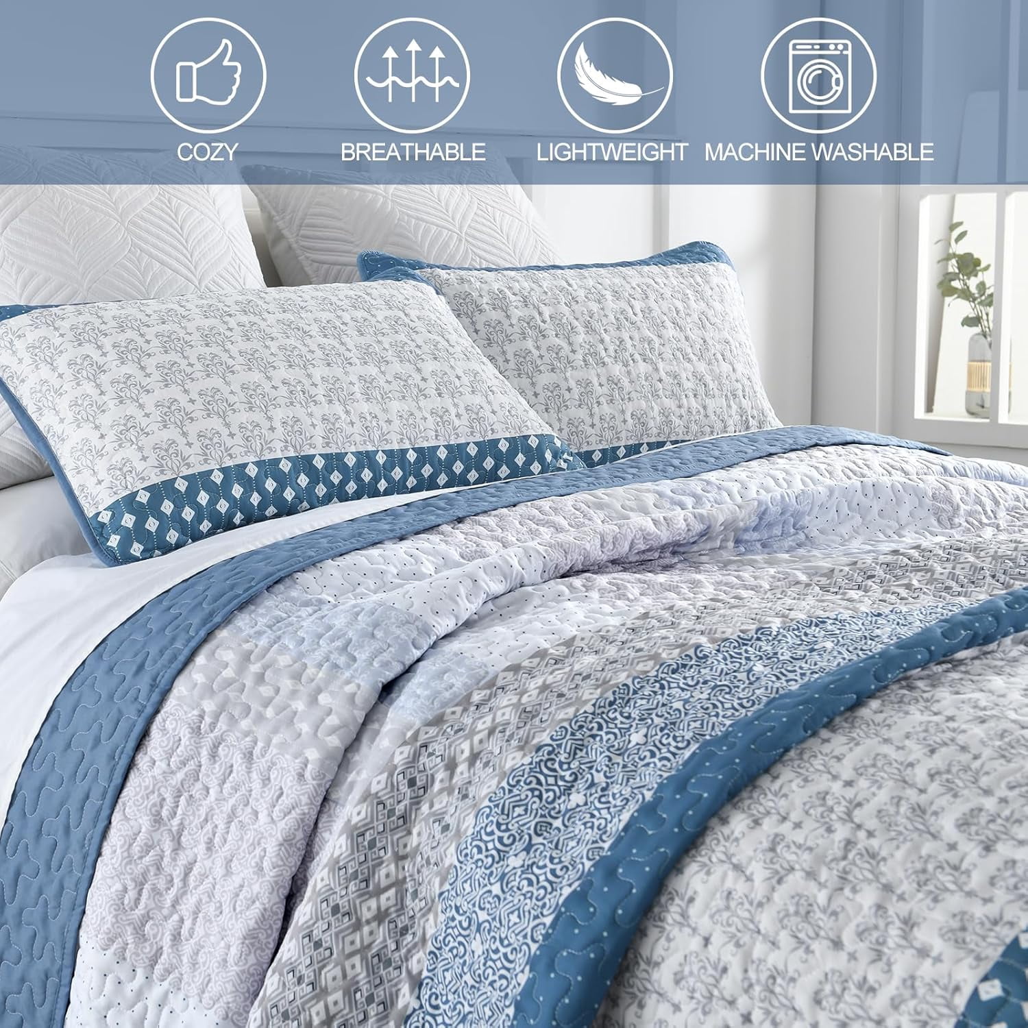 Blue Quilt King Size Bohemian Stripe Quilt Sets 3 Pieces Bedspread Set All Season (104"x90")