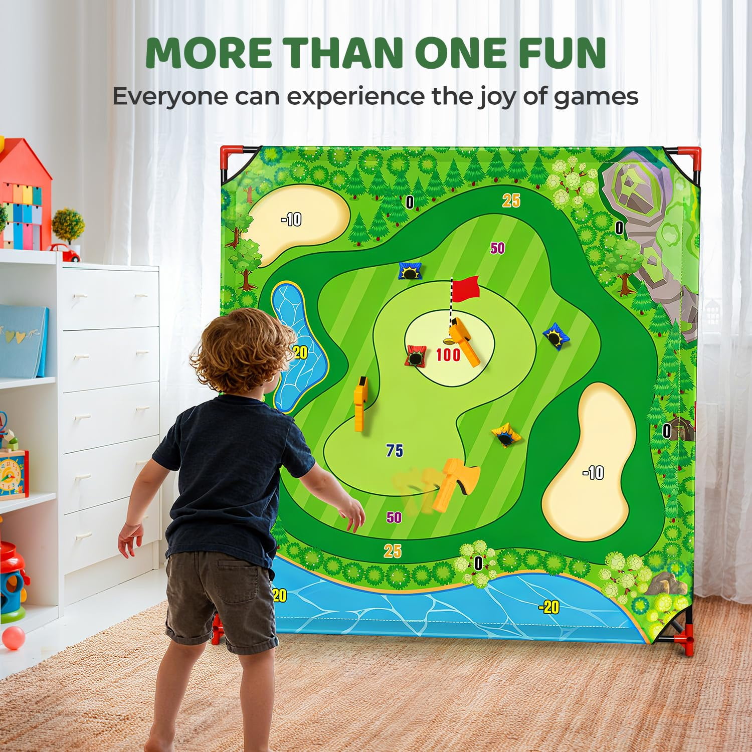Mpow Golf Chipping Game-Golf Battle Game for Kids & Family, 54"x54" Golf Target Mat with 16 Sticky Balls, 8 Bean Bags, 6 Axes, 2 Soccer Balls, Fun for Outdoor Lawn, Backyard & Poolside Party