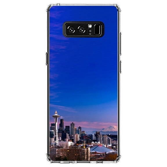 DistinctInk Clear Shockproof Hybrid Case for Samsung Galaxy Note 8 - TPU Bumper, Acrylic Back, Tempered Glass Screen Protector - Seattle Skyline Night - Seattle