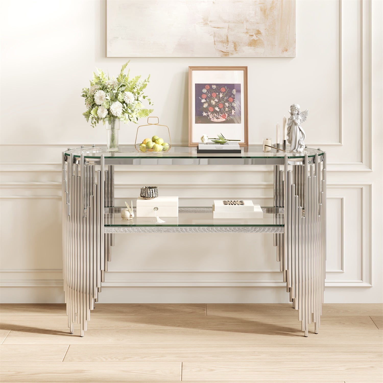 Hommoo Modern Oval Console Table with 2-Tier Tempered Glass Shelves, Stainless Steel Entryway Table for Hallway, Living Room & Behind Sofa, Sliver