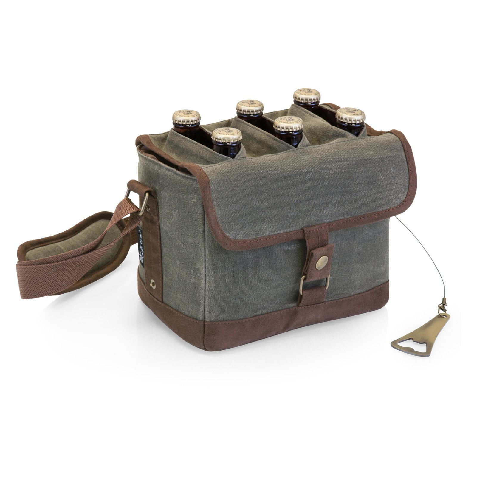 Legacy By Picnic Time Beer Caddy Cooler Tote with Bottle Opener, 6-Pack Beer Gift Bag, Khaki Green with Brown Accents