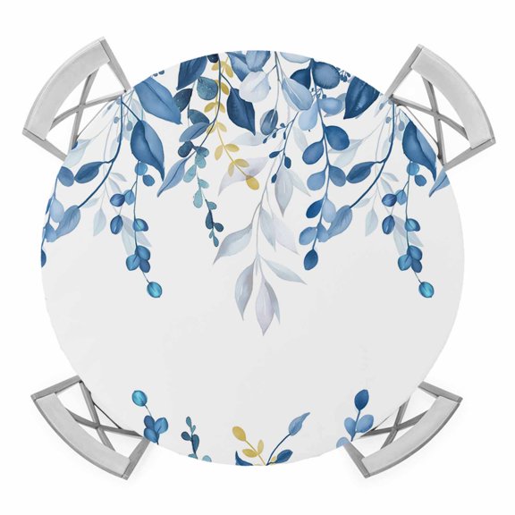 Blue Eucalyptus Leaves Round Fitted Tablecloth with Elastic Edge, Waterproof Table Cloth Table Cover for 36"-44" Tables, Farmhouse Botanical Watercolor Tablecloths for Dining Picnic Indoor Outdoor