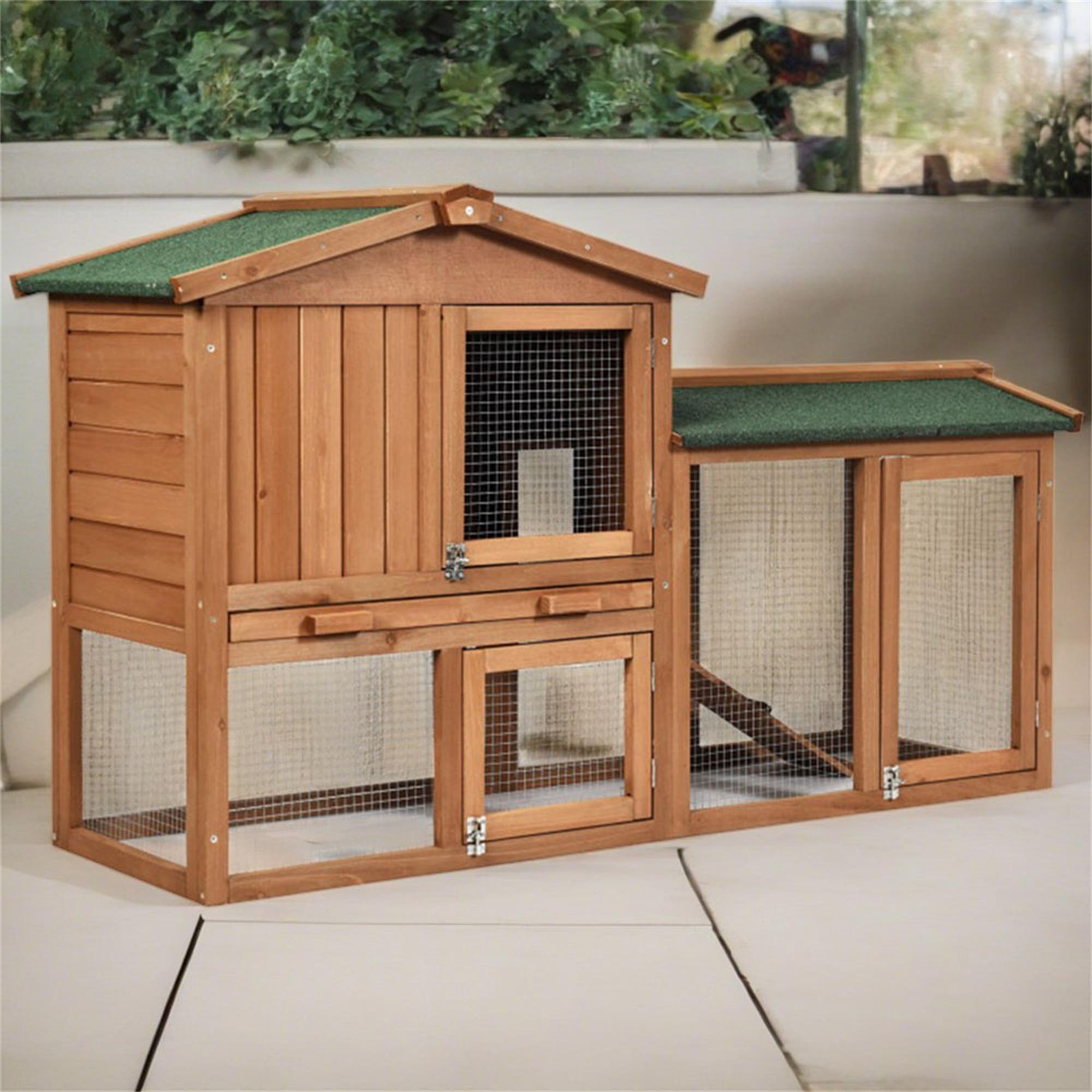 Kadyn 58" Wood Rabbit Hutch with Run, Chicken Coops for 2 Hen, Bunny Cage, Guinea Pig Hutch, Orange