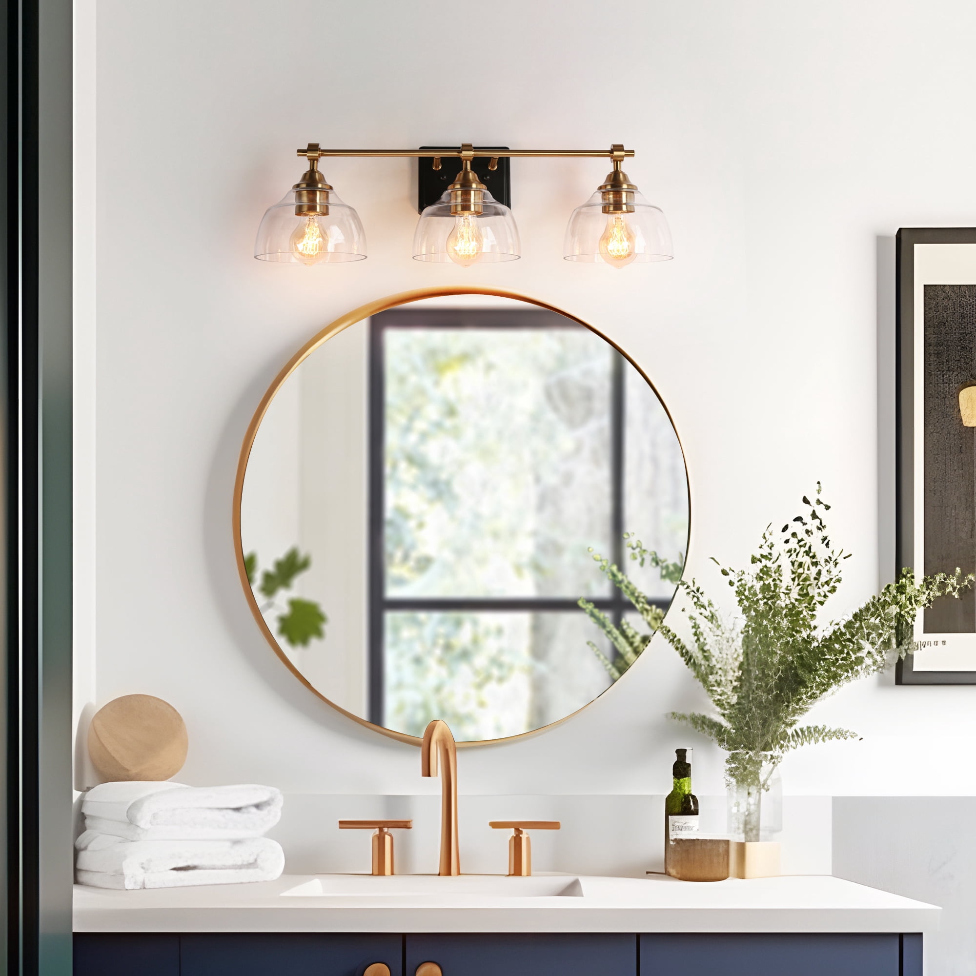 LNC 3-Light Bathroom Vanity Light in Matte Black and Gold with Clear Glass Dome Shades