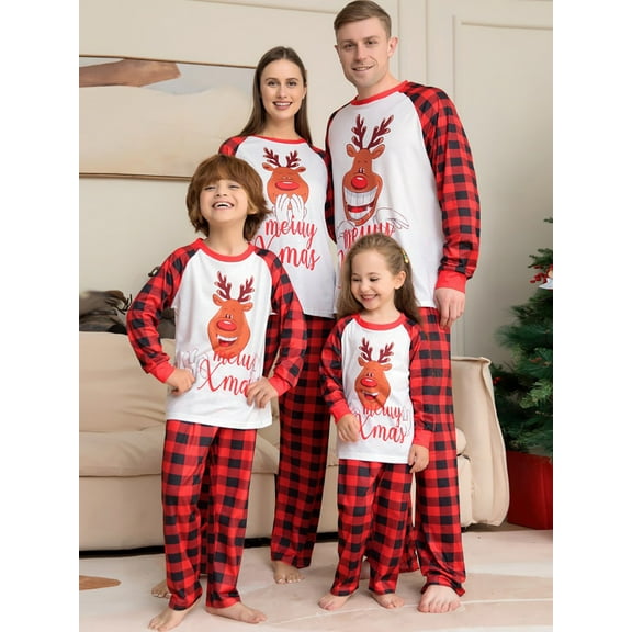 Yuanyu Family Matching Christmas Pajamas Sets Dad Mom Kids Deer Plaid Printing Parent-child Fitted Cotton Soft Two-piece Pajamas Outfits