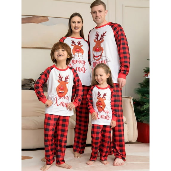 SYNPOS Family Matching Christmas Pajamas Sets Dad Mom Kids Deer Plaid Printing Parent-child Fitted Cotton Soft Two-piece Pajamas Outfits