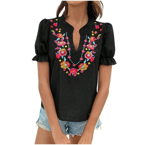 Vestidos Casuales Para Mujer, Blusas De Mujer De Moda Suéter de manga corta con cuello en V y bordado de lino sintético para mujer, top de moda