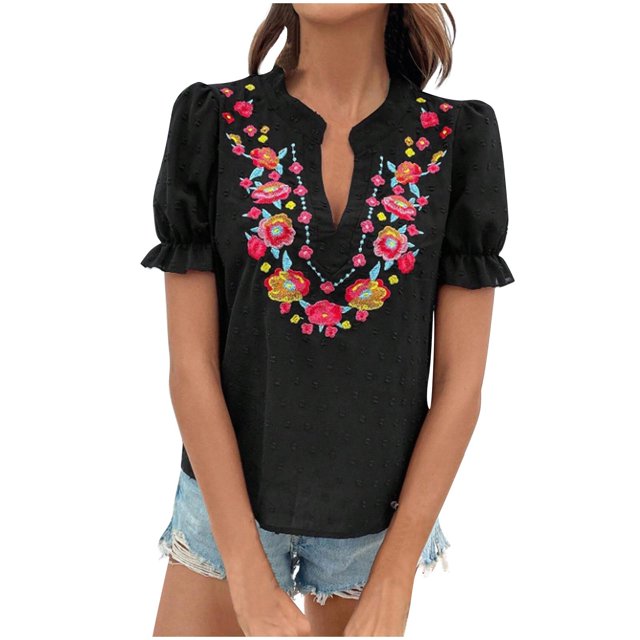 Vestidos Casuales Para Mujer, Blusas De Mujer De Moda Suéter de manga corta con cuello en V y bordado de lino sintético para mujer, top de moda