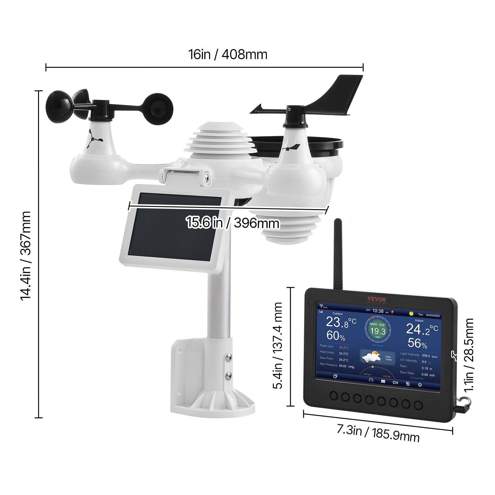 VEVOR 7-in-1 Wireless Weather Station with Wi-Fi,7" TFT Colorful Display, Solar-Powered Outdoor Sensor, Indoor & Outdoor Monitoring, Includes Temperature, Humidity, Wind Speed/Direction, and Rainfall