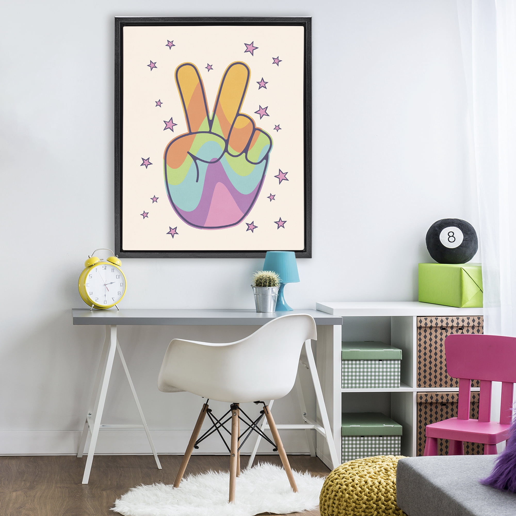 Stupell Industries Peace Sign Retro Rainbow Black Framed Floater Canvas Wall Art, design by LSR Design Studio