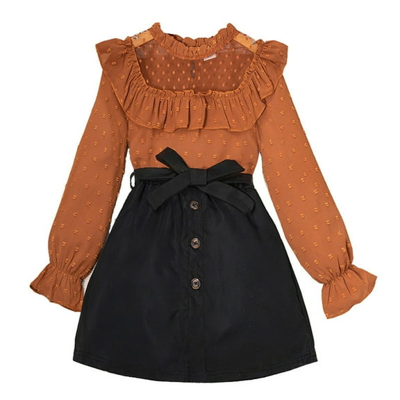 Zhuashum Outfits For Girls 8-9 Years Long Sleeve Round Neck Clothes Solid Color Festival Set Light Weigh Sweet Playsuit Brown