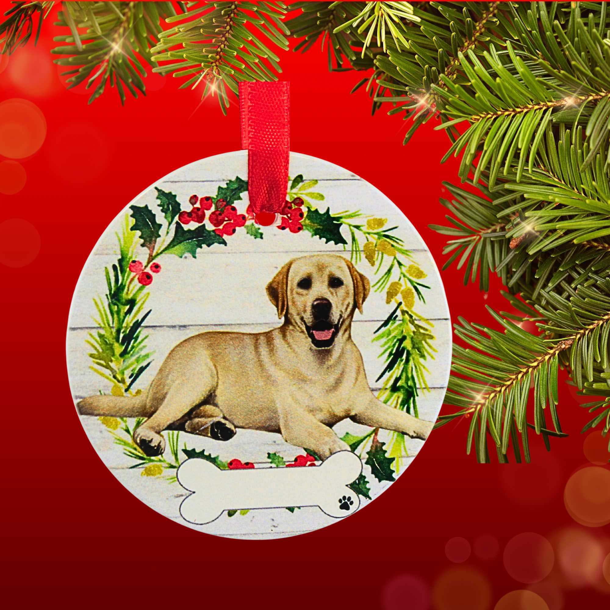 E & S Imports 3.50In Ceramic Yellow Labrador Ornament, Ceramic, Dog Puppy Ribbon Cherish Pet 55020Fb