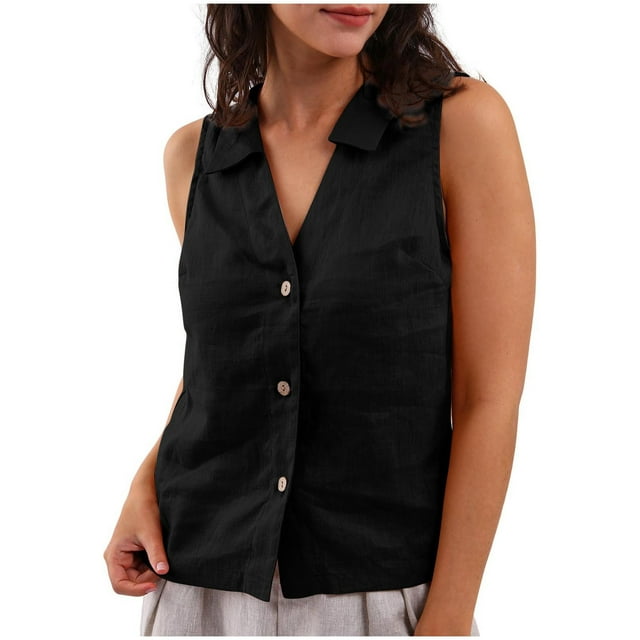 Timegard Womens Tank Tops Lapel V-Neck Button down Solid Color Comfy Dressy Casual Cute Sleeveless Top