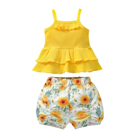 

Bebiullo Baby Girl Solid Color Suspender Tops Flower Short Pants Set