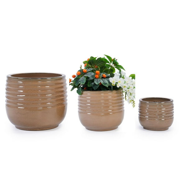 CQSXDA 3-Pack Antique Bronze Ceramic Planters, 14" 11" 8" Modern Indoor Outdoor Flower Pot w/Drainage