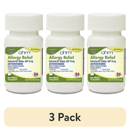 (3 pack) Ohm 24-Hour Antihistamine Cetirizine HCl 10 mg Tablets, 300 Count – All-Day Allergy Relief for Itchy Eyes, Runny Nose, Hay Fever, Pollen, and Indoor & Outdoor Allergies