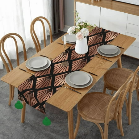 

Rose Gold Art Deco Fans On Black Table Runner Imitation Linen Table Runner With Green Tassels For Party And Dining Room 14 x 60
