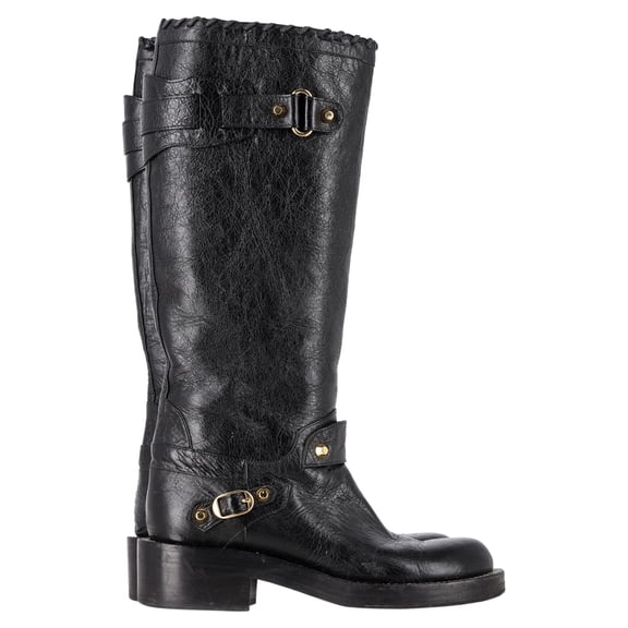 Pre-Owned Balenciaga Distressed Knee-High Riding Boots in Black Leather