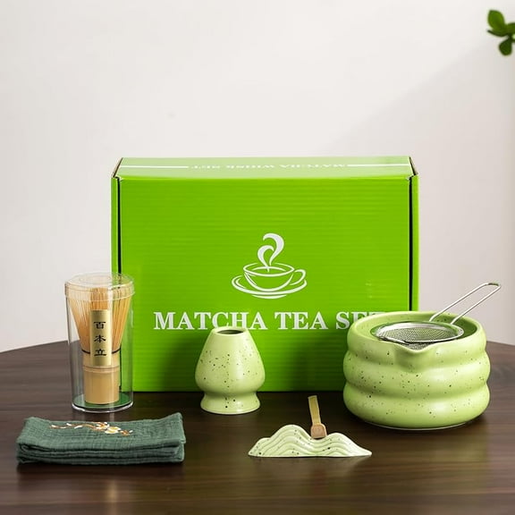 WZW 7Pcs Matcha Tea Set, Matcha Kit with Matcha Bowl (with Pouring Spout), Matcha Whisk, Whisk Holder, Strainer - Elegant Matcha Set for Gifting and Personal Use, Gift Box Packaging
