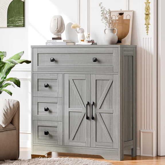 Farmhouse Storage Cabinet with 2 Doors and 4 Drawers, Wash Grey | Freestanding Bathroom Storage Cabinet Kitchen Pantry, Floor Hutch Cupboard for Living Room/Bathroom/Kitchen