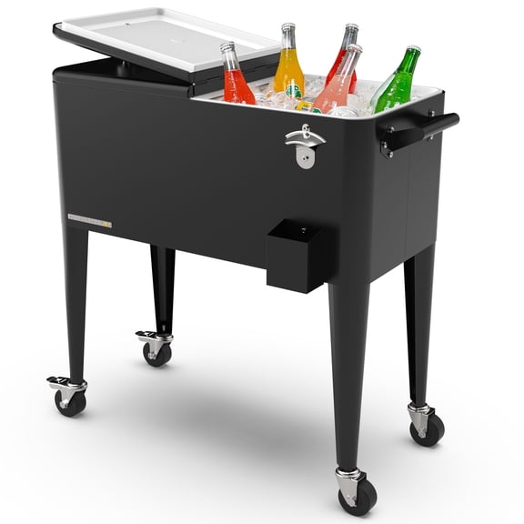 Permasteel Party Cooler with Divider, Spacious 80-Qt Capacity, Chills 36hrs, Serving Tray, Rolling Ice Chest for Indoor and Outdoor Entertainment, Matte Black