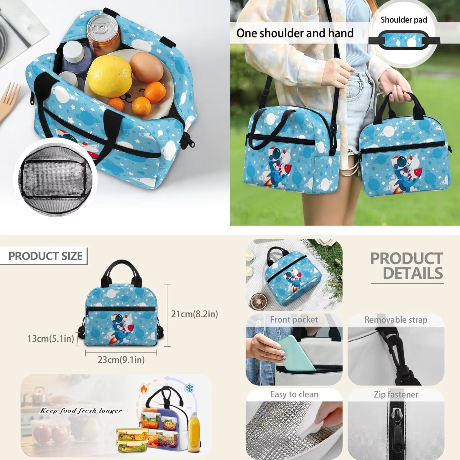 Pzuqiu Cartoon Rocket Print School Backpack Set for Girls Back Pack with Lunch Box Pencil Case 2pcs Bookmark,4 Pcs Large17 Inch Travel Back Pack Casual Daypack Backpacks for Kids