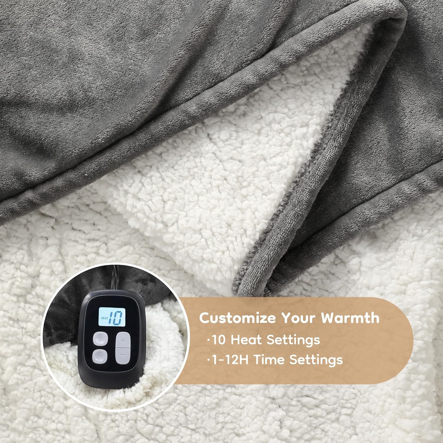 Electric Heated Blanket Full Size - 72"x84", Soft Flannel Heating Blanket, 10 Heating Levels, 1-12 H Auto Shut Off, Breathable Warm and Washable for Bed, Light Grey