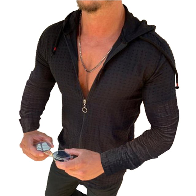 Sudadera con capucha de lunares a cuadros con cordón y manga larga negra ajustada, talla 3XL para hombre