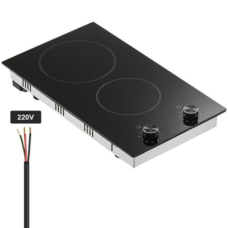 KFFKFF 12-Inch Electric Cooktop, 2-Burner Built-in Ceramic Stove, 3000W Radiant Heating, Glass Surface, Knob Controls, 11 Adjustable Heat Settings, 220-240V, Hardwired Connection (No Plug)