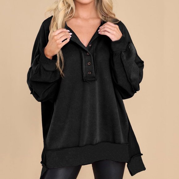 Wiyuqeen Button V Neck Oversized Sweatshirt Women Fall Winter Loose Long Sleeve Sweatshirts Ladies Solid Plain Preppy Pullover Tops