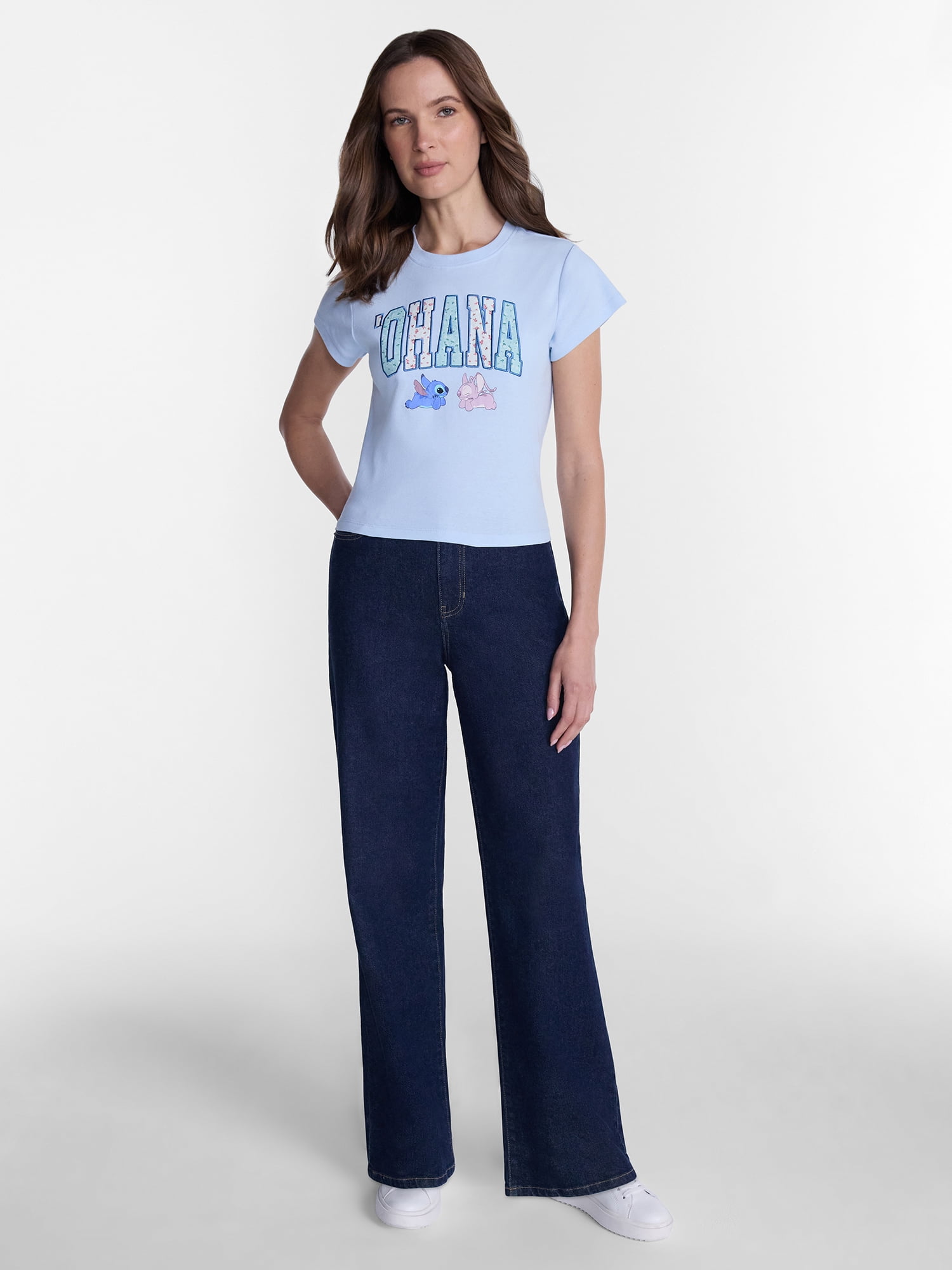Disney Women’s Stitch and Angel Graphic Baby Tee, Sizes XXS-XXL