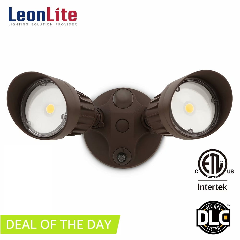 Leonlite 20w Two Head Led Outdoor Security Light Dusk To Dawn Photocell 1800lm Flood For Yard Garage Porch Entryways 5000k