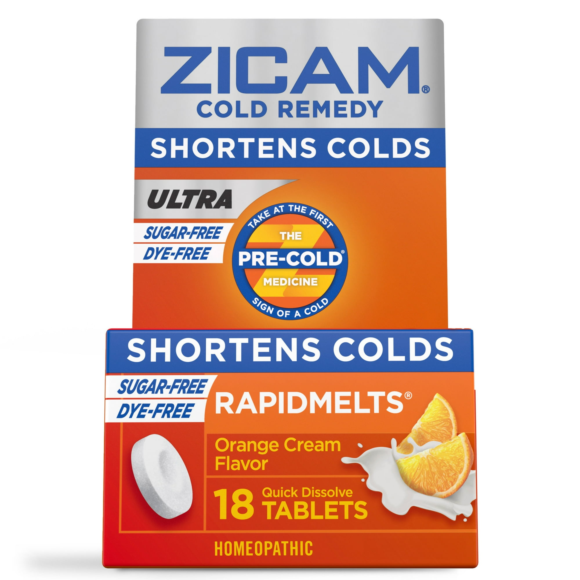 Zicam Ultra Cold Remedy Zinc Rapidmelts, Orange Cream Flavor, Homeopathic, Cold Shortening Medicine, Shortens Cold Duration, Sugar-Free, Dye-Free, 18 Count