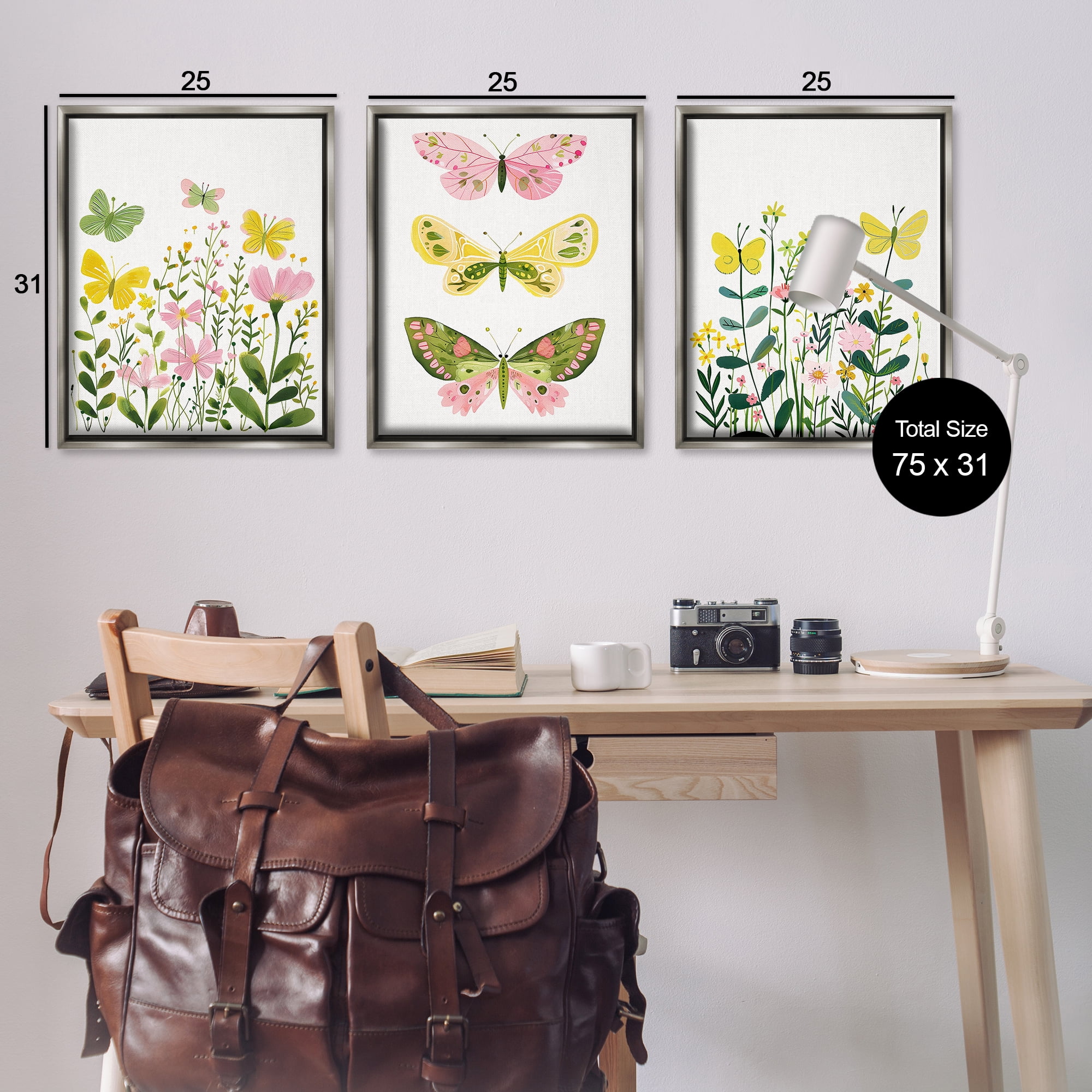 Stupell Industries Playful Butterflies and Florals Animals Painting Gray Floater Framed Canvas Art Print Wall Art, 25 x 31, Set of 3