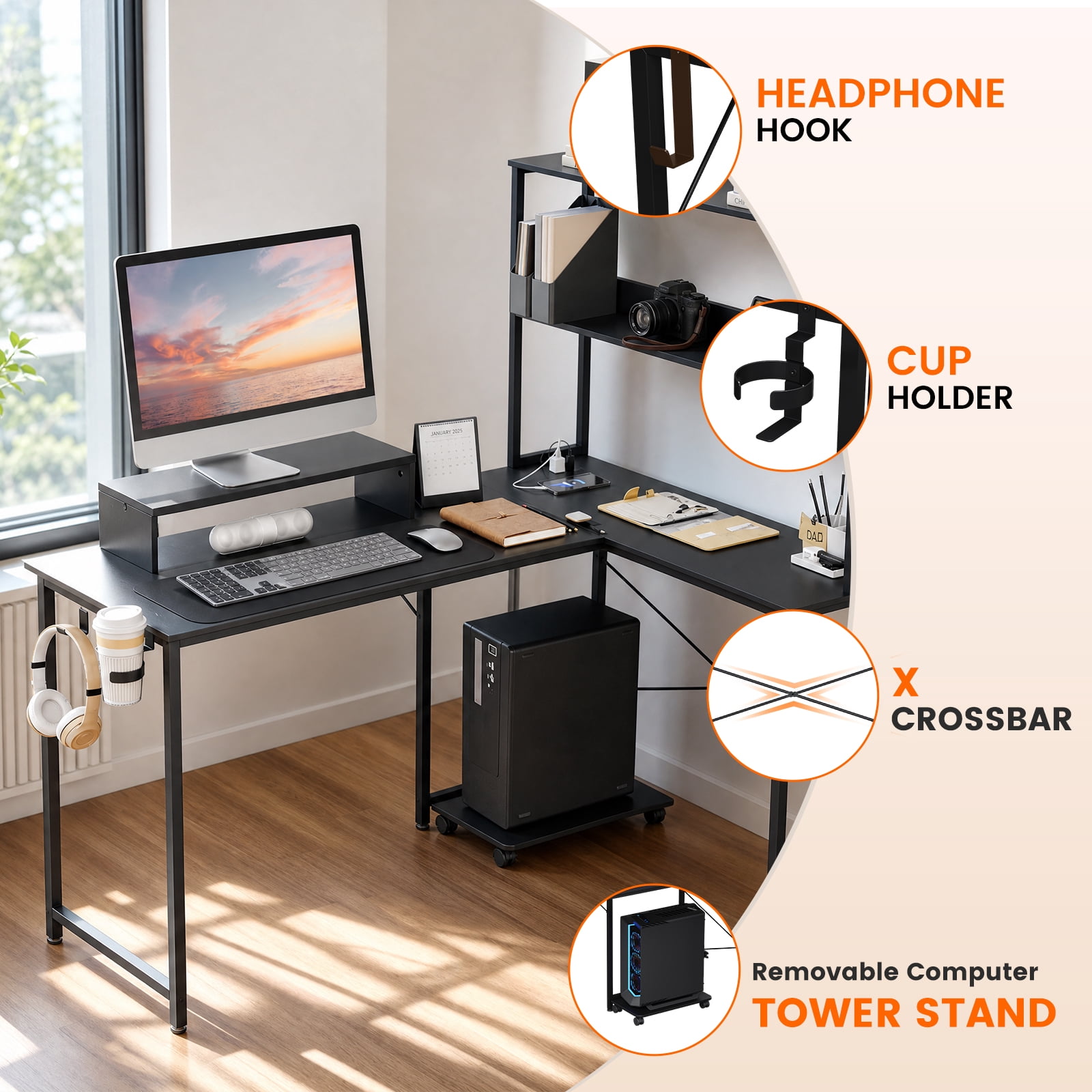 CLOUDREST PTO 53" L-Shaped Office Desk with Hutch & Power Outlets, Black